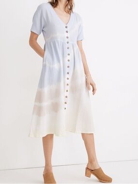 [S]Madewell Tie-Dye Button-Front V-Neck Midi Dress Light Blue Cream